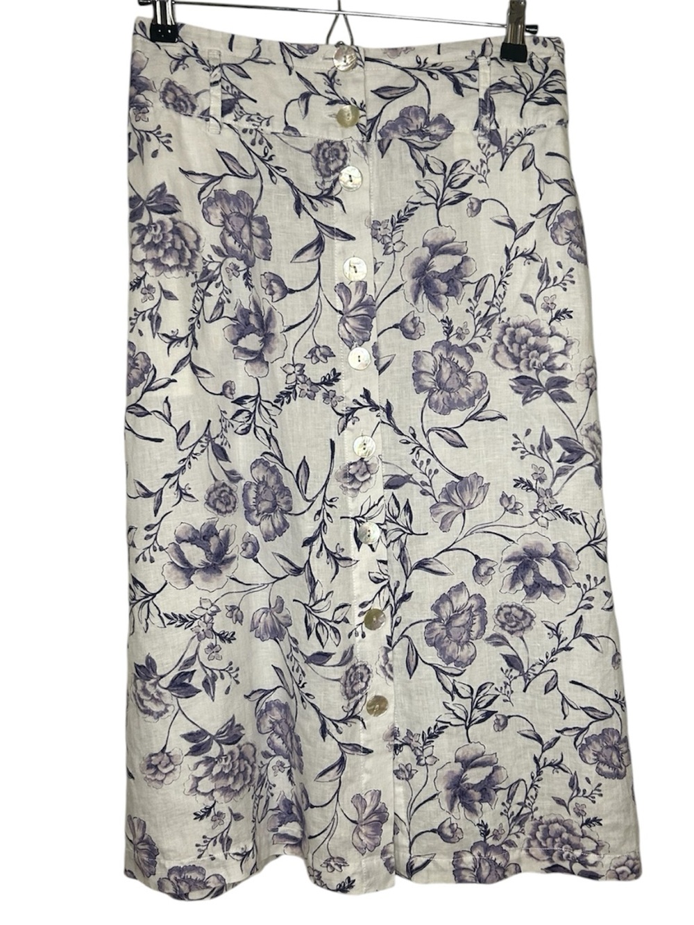 Cynthia Rowley 100% Linen white button down Midi Skirt Purple Floral Print Sm